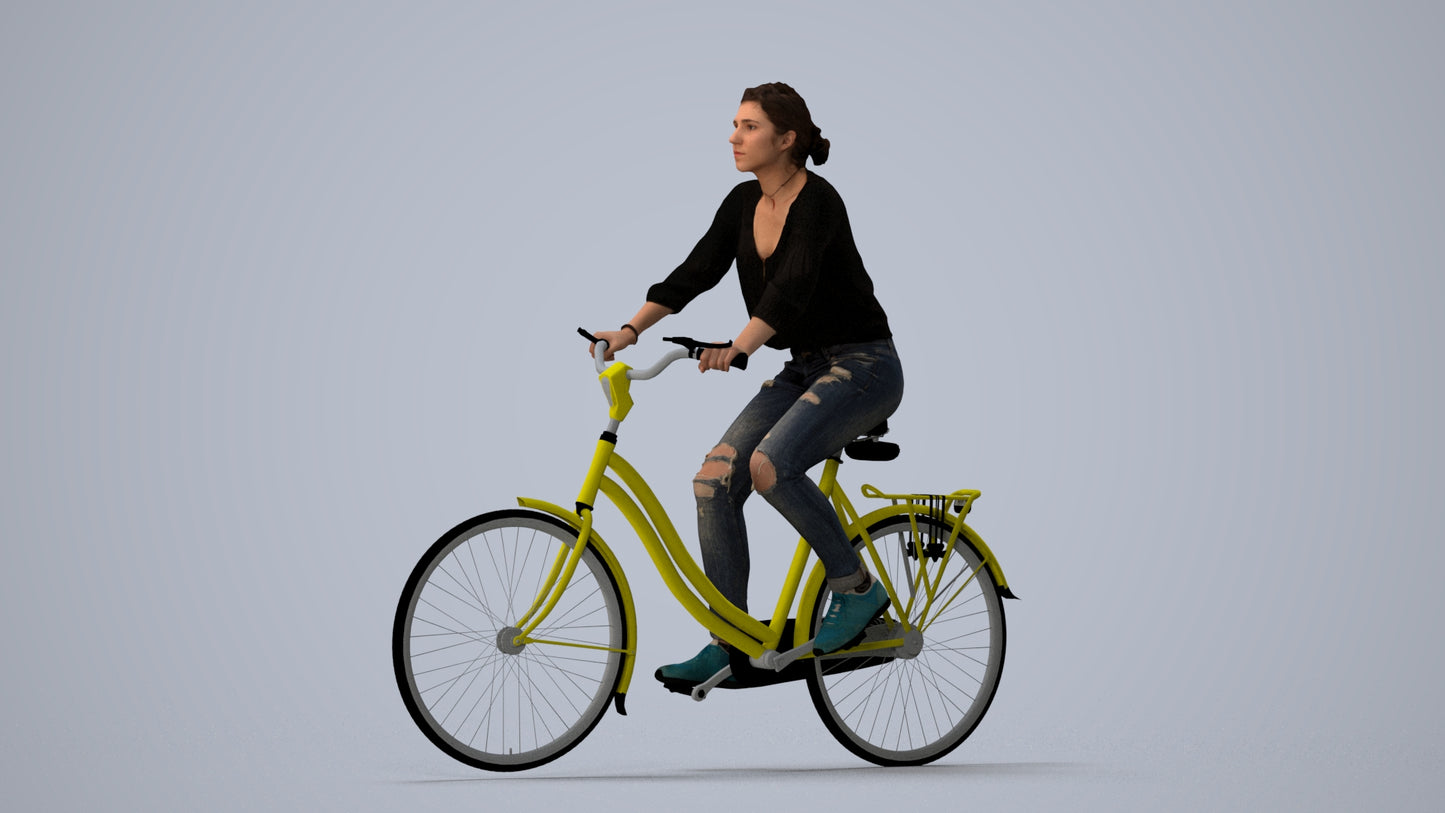 realistic 3D human woman casual cycling, archviz people FBX OBJ for Blender, three-quarter view render
