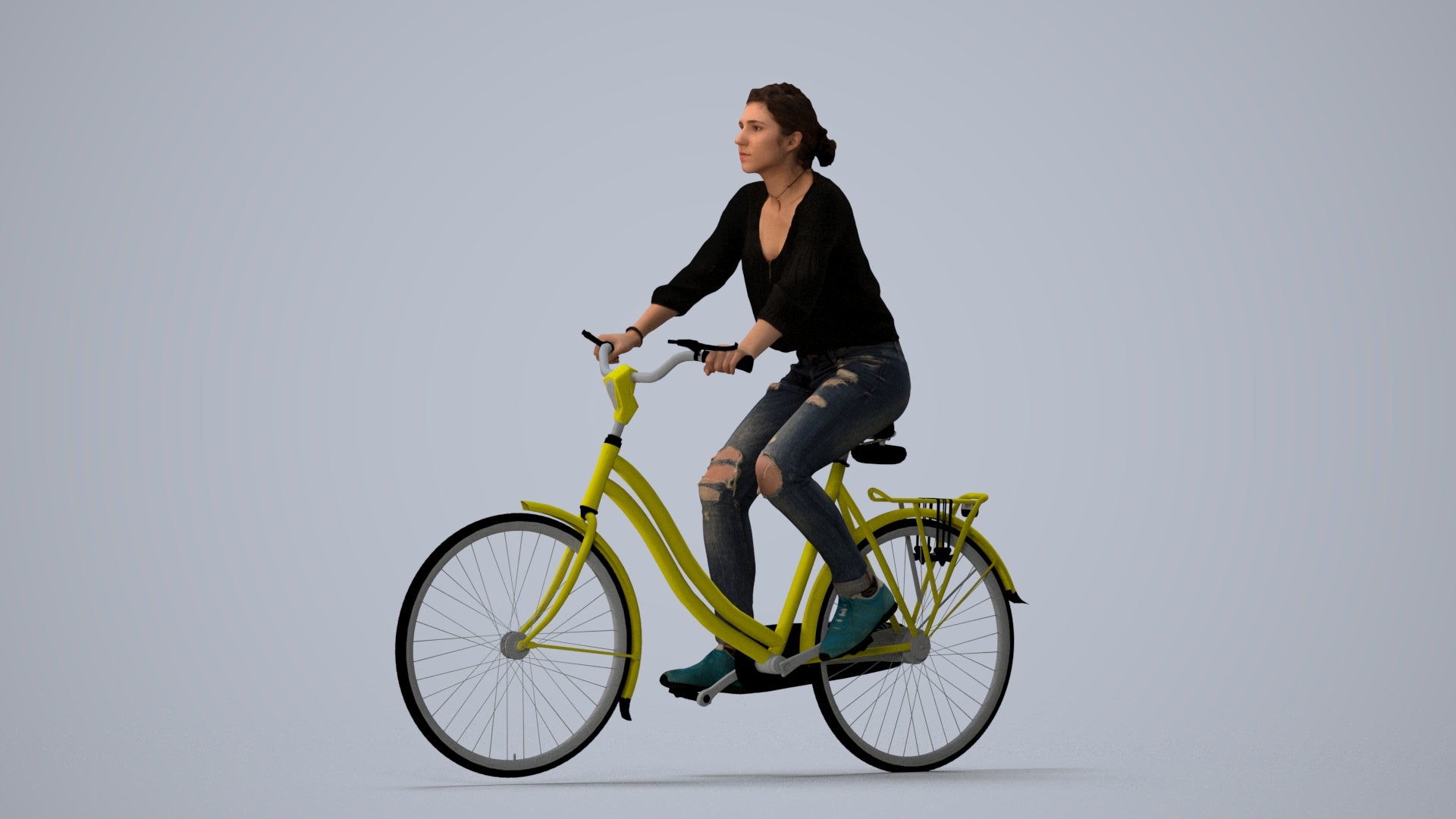 realistic 3D human woman casual cycling, archviz people FBX OBJ for Blender, three-quarter view render