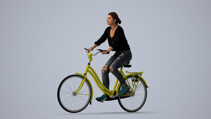 realistic 3D human woman casual cycling, archviz people FBX OBJ for Blender, three-quarter view render