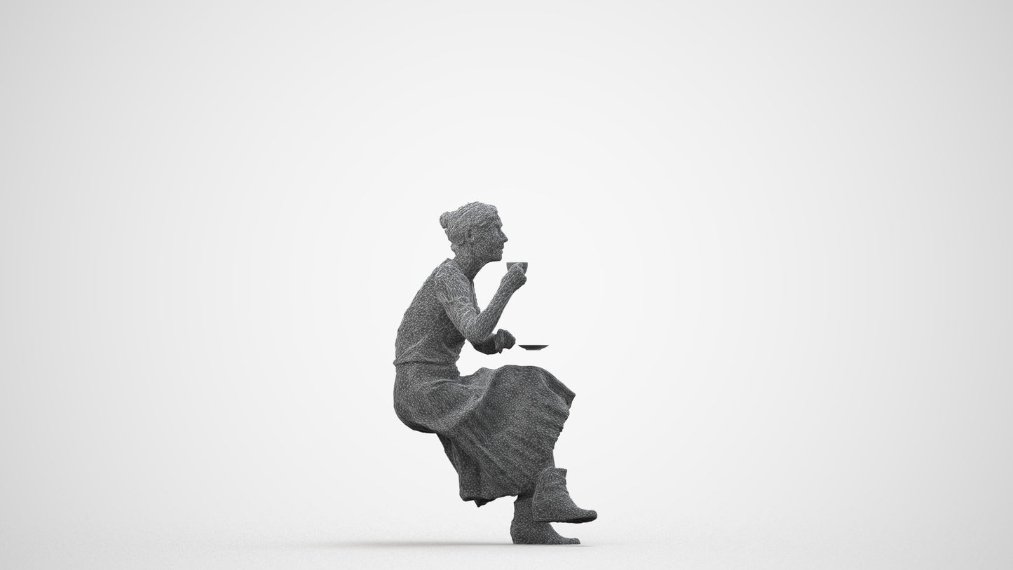 realistic 3D people senior woman casual sitting, render-ready for V-Ray and Corona, FBX OBJ, wireframe side view