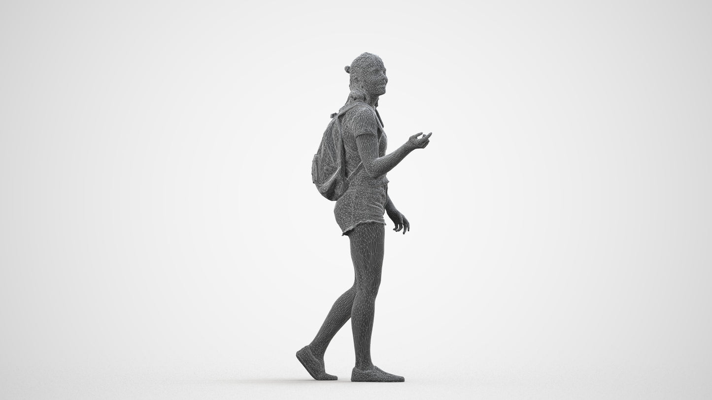 3D scanned girl standing casual, photorealistic archviz people for Enscape and SketchUp, wireframe side view