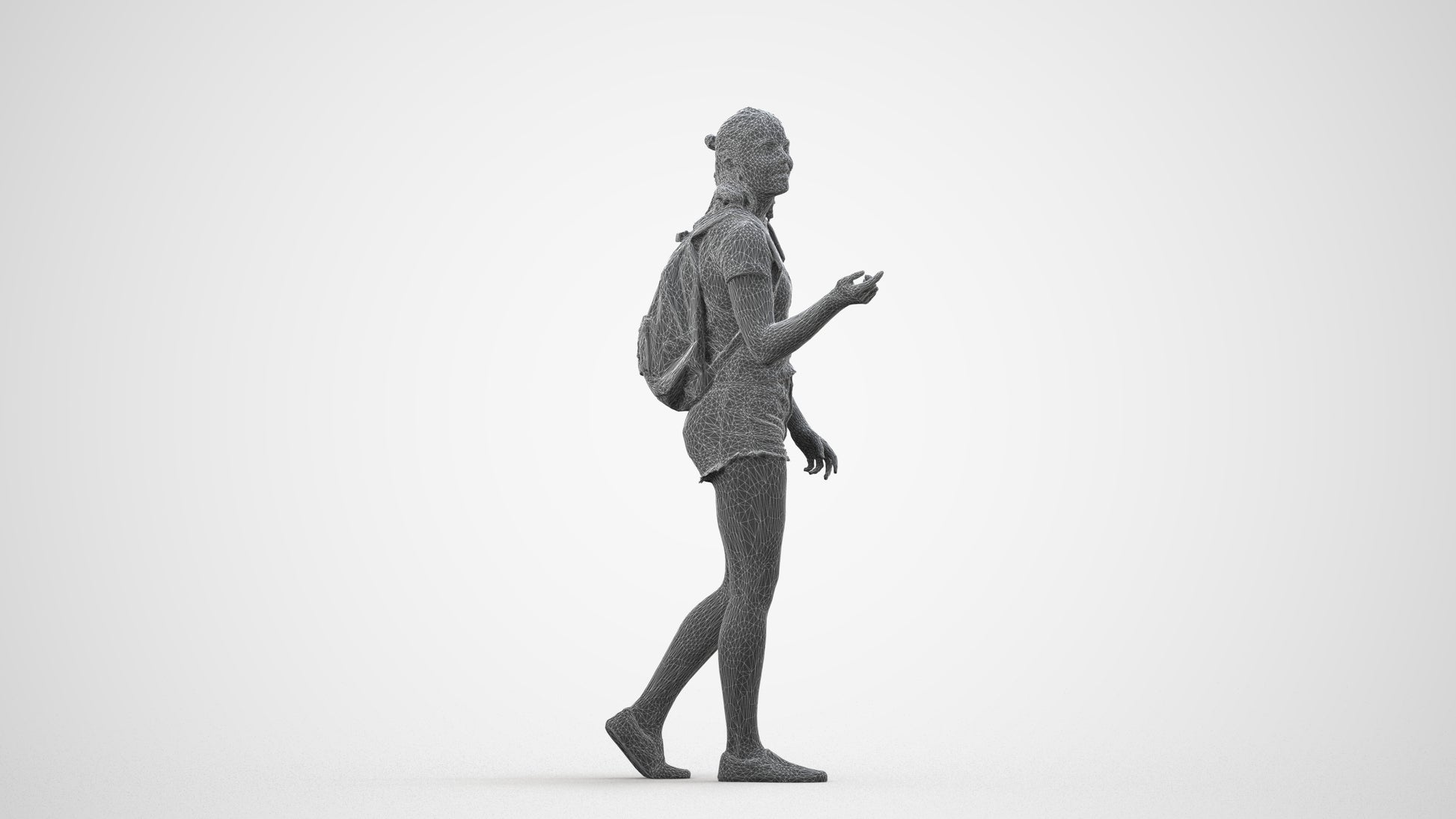 3D scanned girl standing casual, photorealistic archviz people for Enscape and SketchUp, wireframe side view