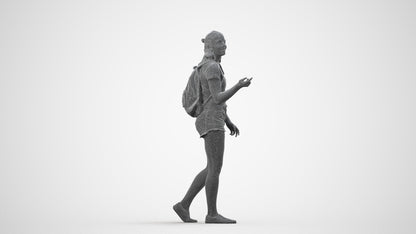 3D scanned girl standing casual, photorealistic archviz people for Enscape and SketchUp, wireframe side view
