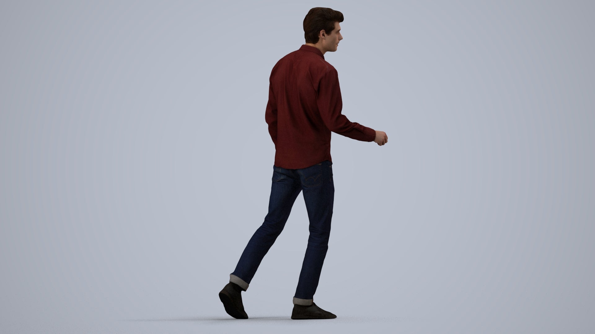 3D human model man casual walking, photogrammetry scanned person for archviz, side view render