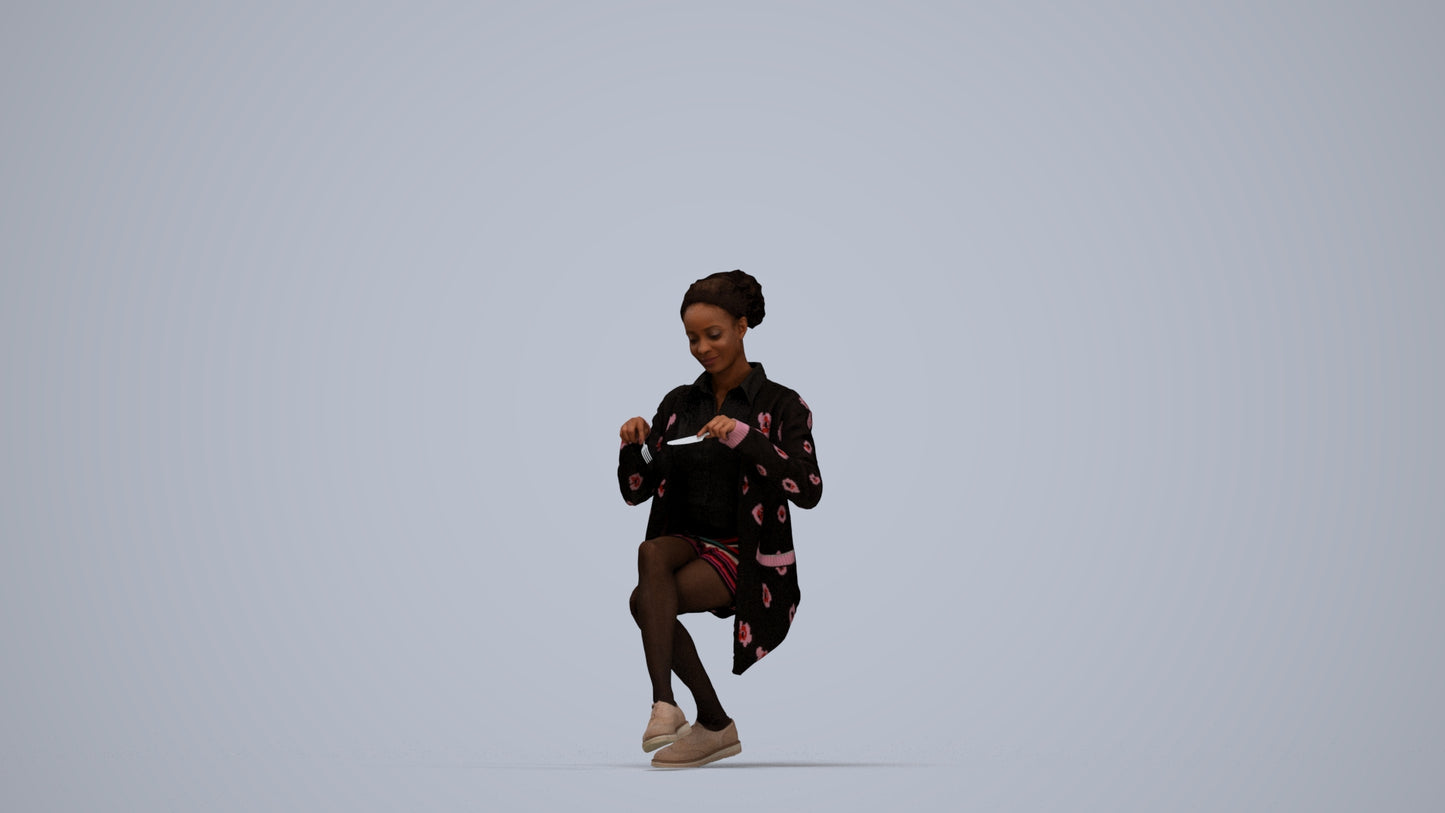 photogrammetry 3D woman casual sitting, realistic human model archviz FBX, top-down view render
