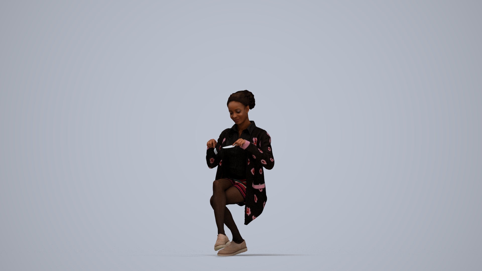 photogrammetry 3D woman casual sitting, realistic human model archviz FBX, top-down view render