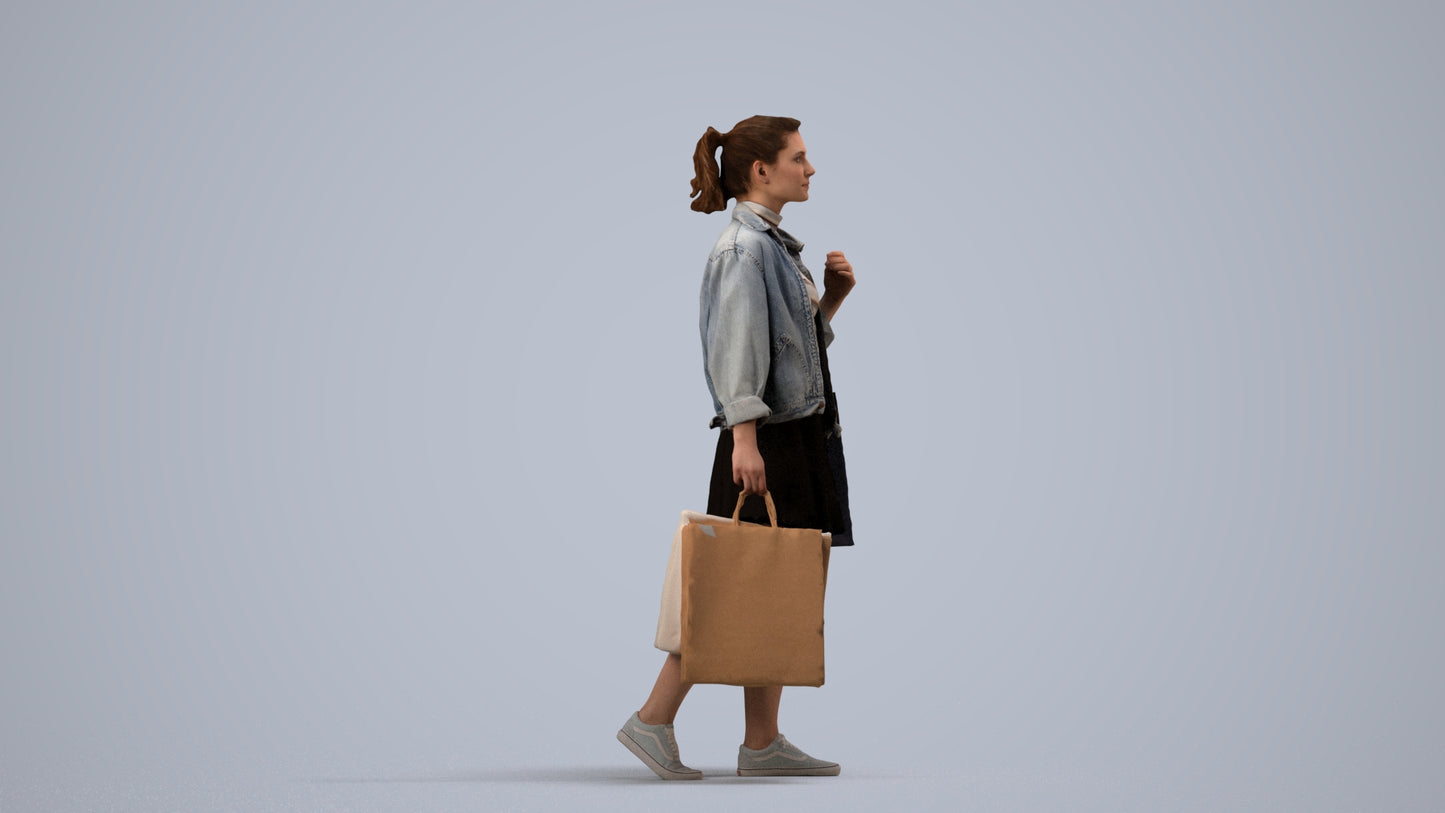 3D scanned woman shopping casual, photorealistic archviz people for Enscape and SketchUp, side view render