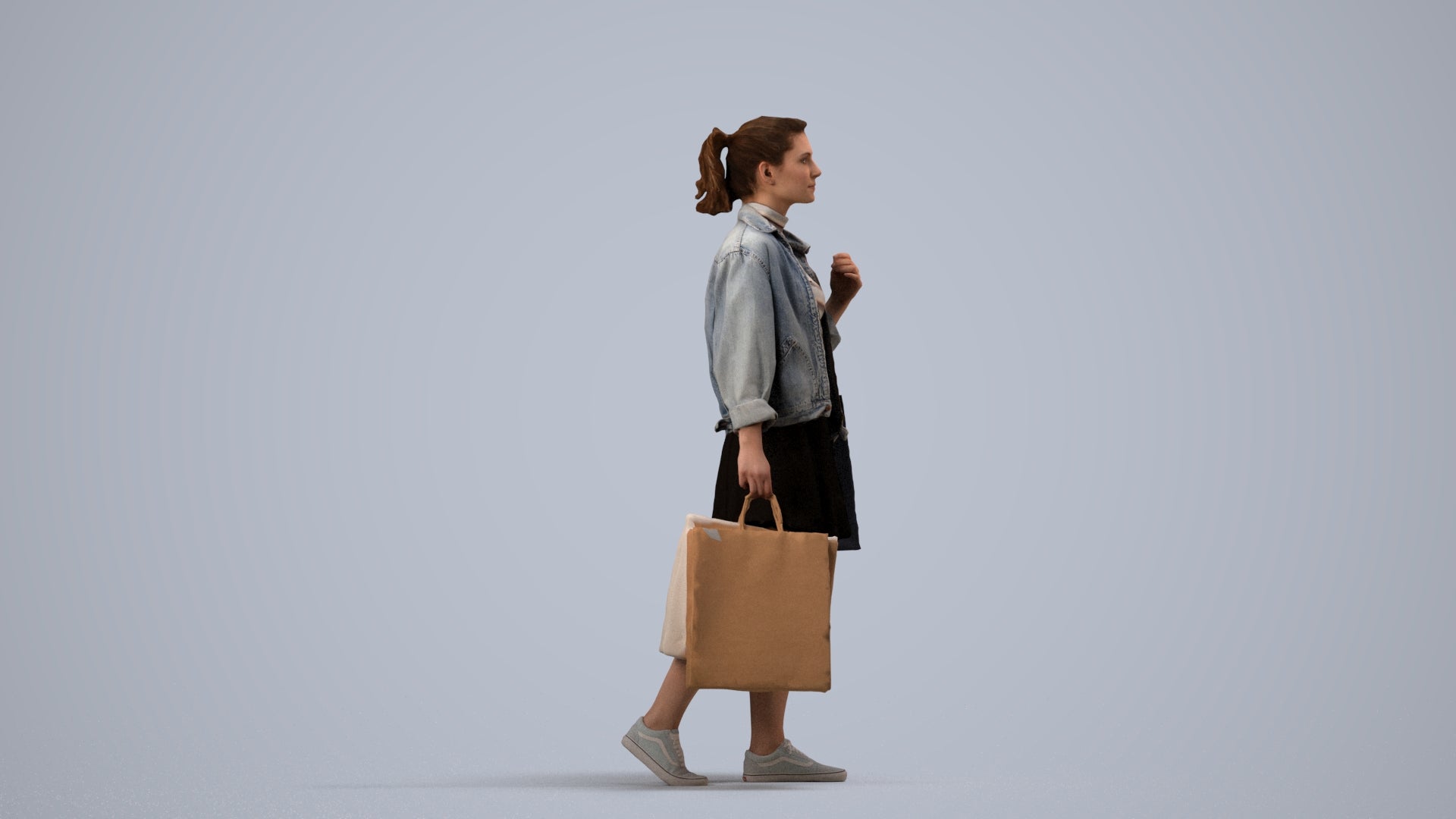 3D scanned woman shopping casual, photorealistic archviz people for Enscape and SketchUp, side view render