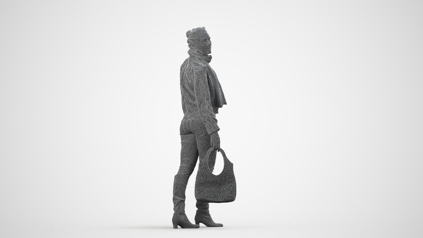 scanned 3D woman casual walking, photogrammetry people for Enscape and V-Ray, wireframe side view