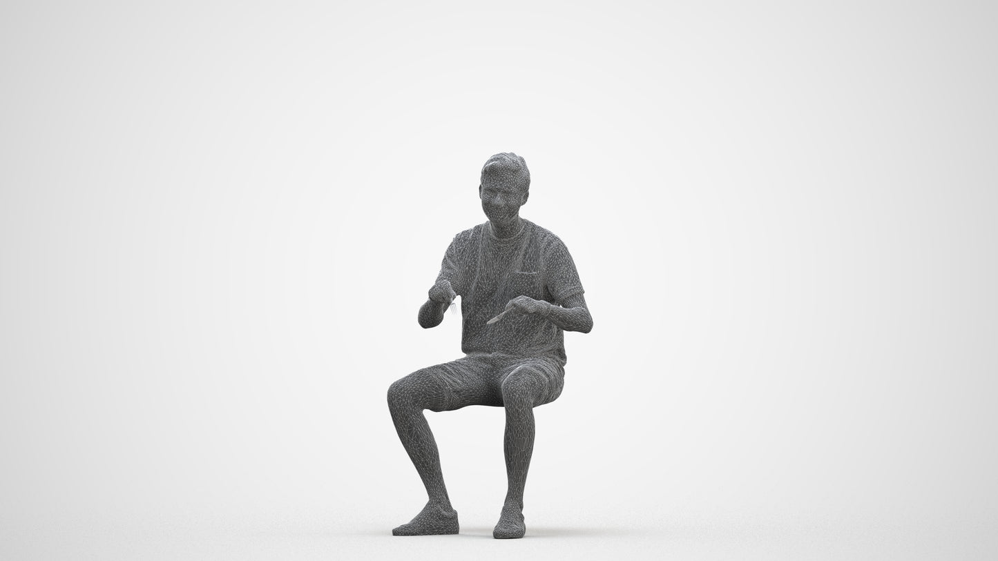 realistic 3D human man casual sitting, archviz people FBX OBJ for Blender, three-quarter front view render