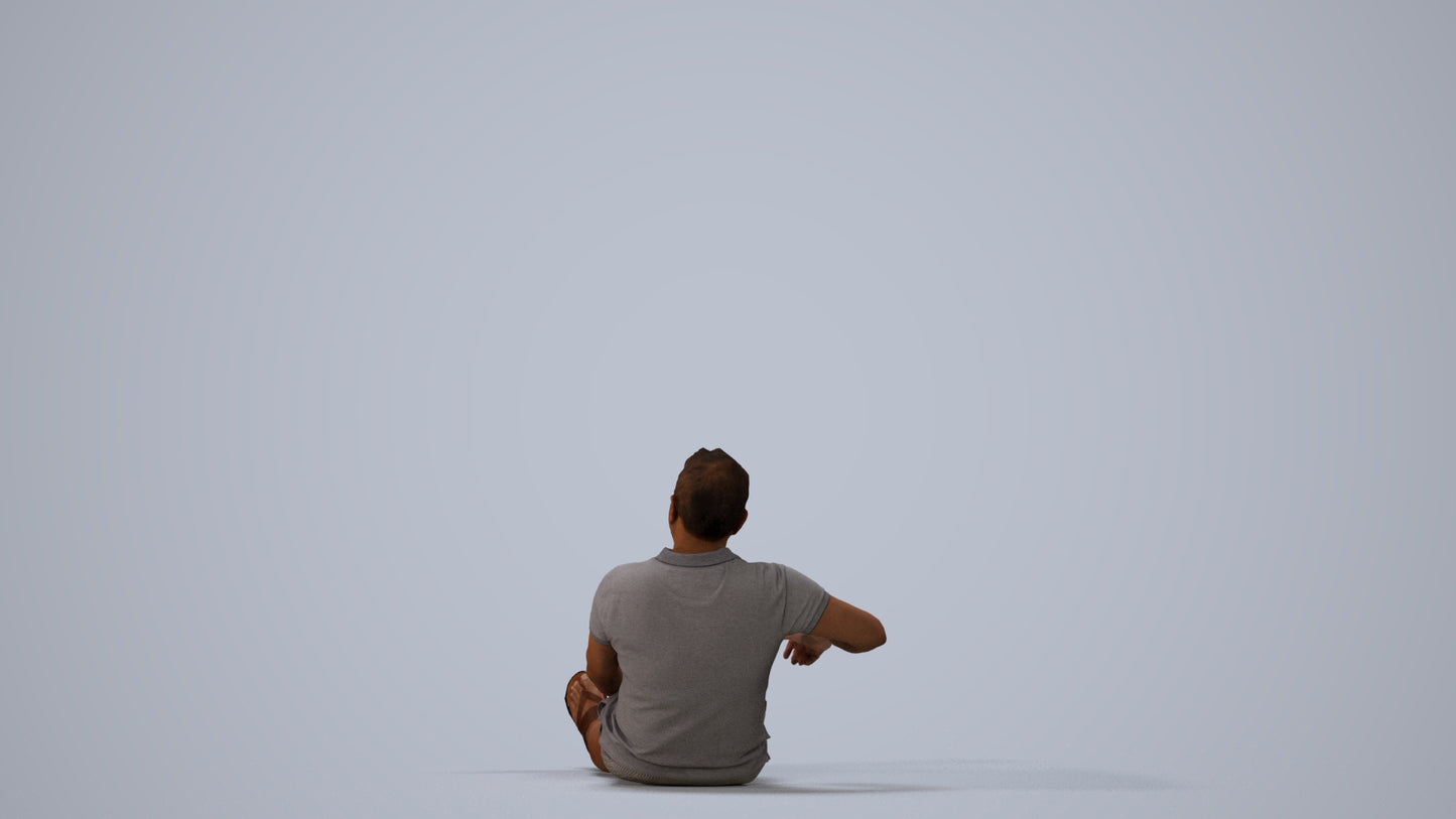 3D scanned man sitting casual, photorealistic archviz people for Enscape and SketchUp, three-quarter view render