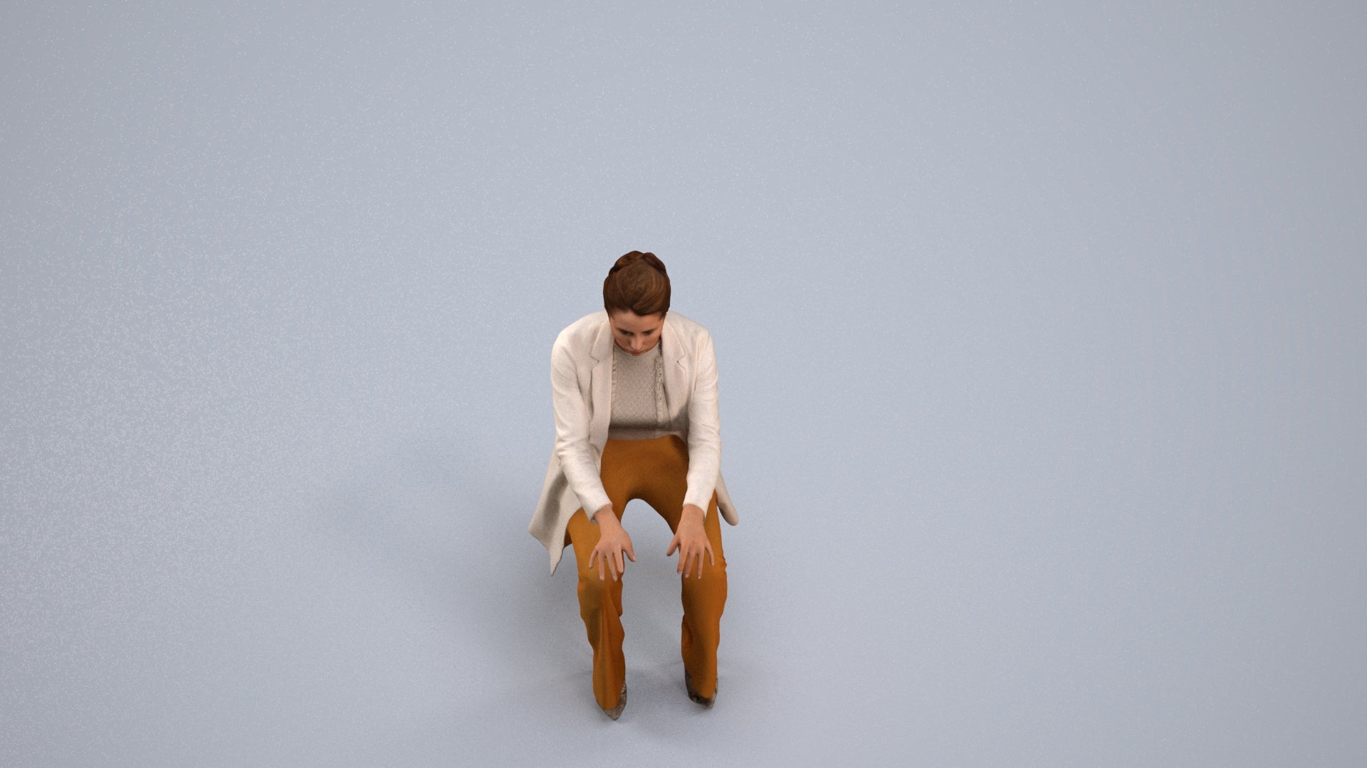 realistic 3D woman business sitting, scanned archviz people for Blender and 3ds Max, back view render