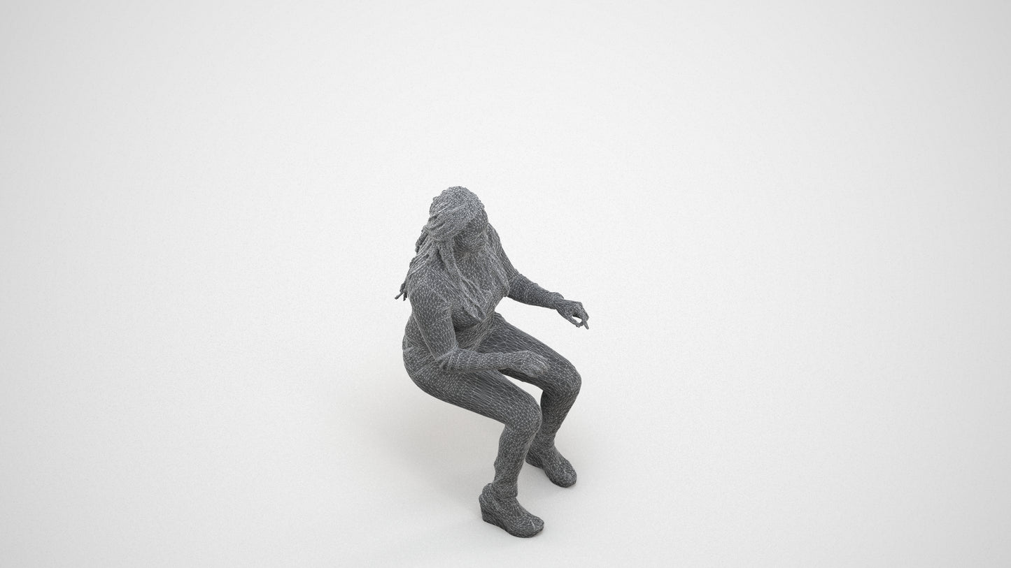 3D people model woman casual sitting, scanned human for 3ds Max rendering, wireframe three-quarter view