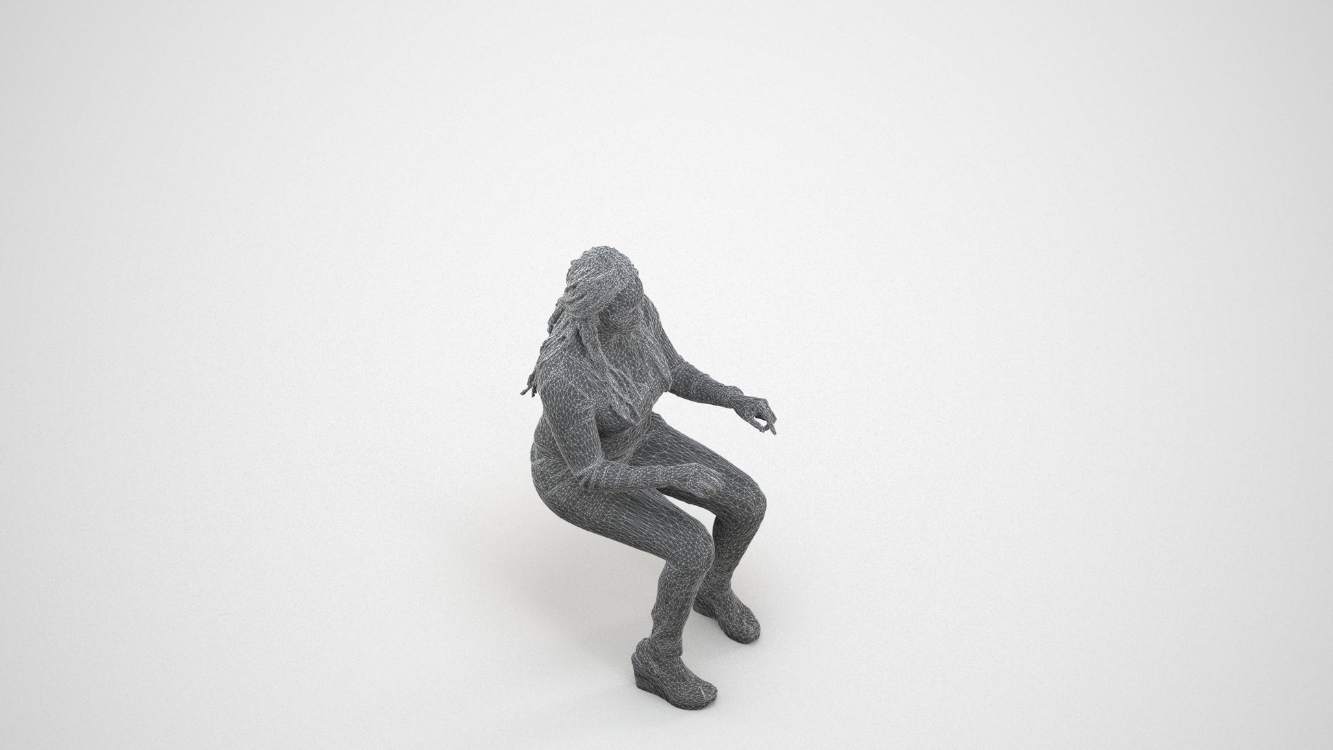 3D people model woman casual sitting, scanned human for 3ds Max rendering, wireframe three-quarter view