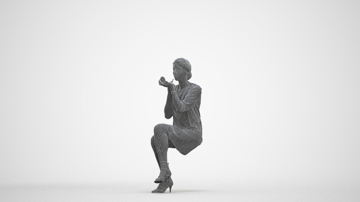 3D people model woman casual sitting, scanned human for 3ds Max rendering, three-quarter front view render