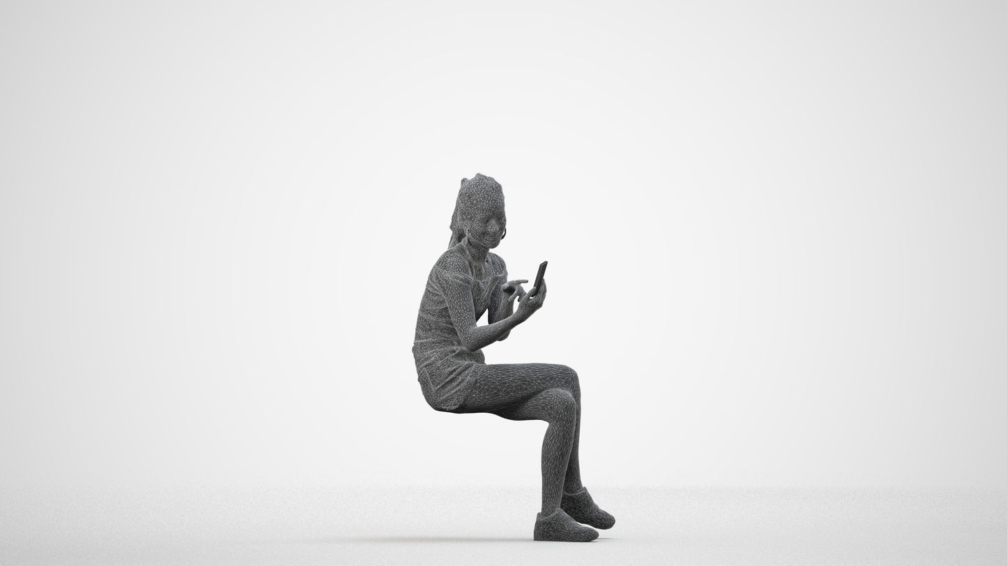 realistic 3D woman casual sitting, scanned archviz people for Blender and 3ds Max, wireframe side view