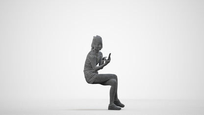 realistic 3D woman casual sitting, scanned archviz people for Blender and 3ds Max, wireframe side view