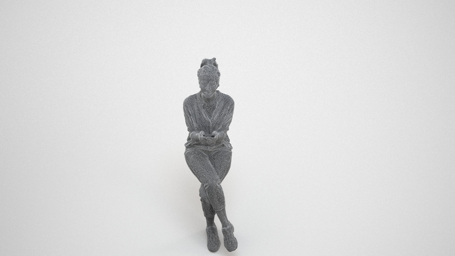 photogrammetry 3D woman casual sitting, realistic human model archviz FBX, wireframe three-quarter view