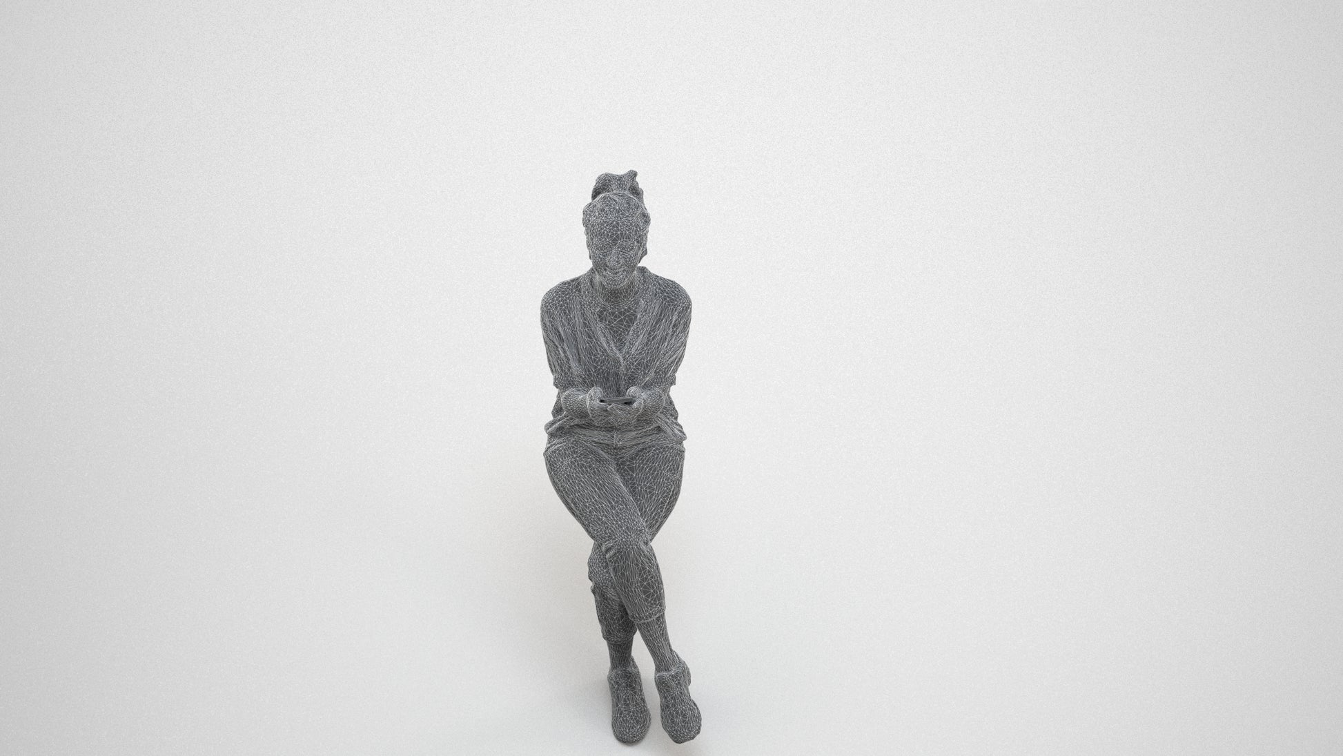 photogrammetry 3D woman casual sitting, realistic human model archviz FBX, wireframe three-quarter view
