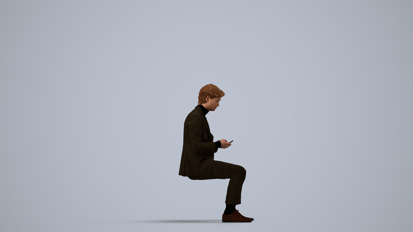 photogrammetry 3D man business sitting, realistic human model archviz FBX, side view render