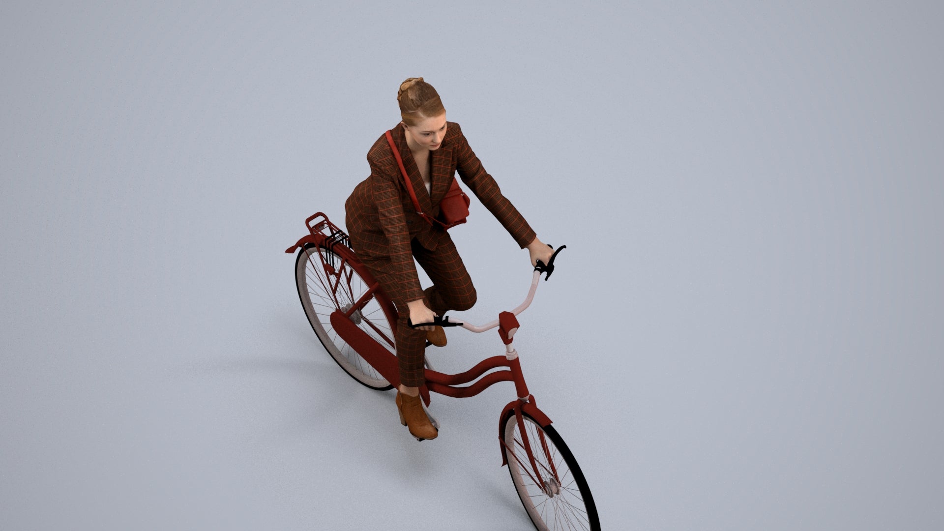 3D human model woman business cycling, photogrammetry scanned person for archviz, back view render