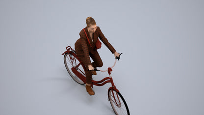 3D human model woman business cycling, photogrammetry scanned person for archviz, back view render