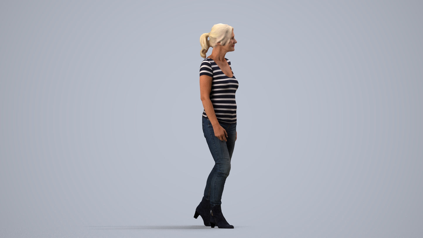 realistic 3D people senior woman casual walking, render-ready for V-Ray and Corona, FBX OBJ, side view render