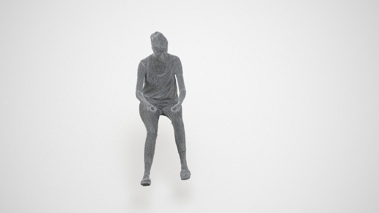 3D human model woman casual driving, photogrammetry scanned person for archviz, wireframe three-quarter view