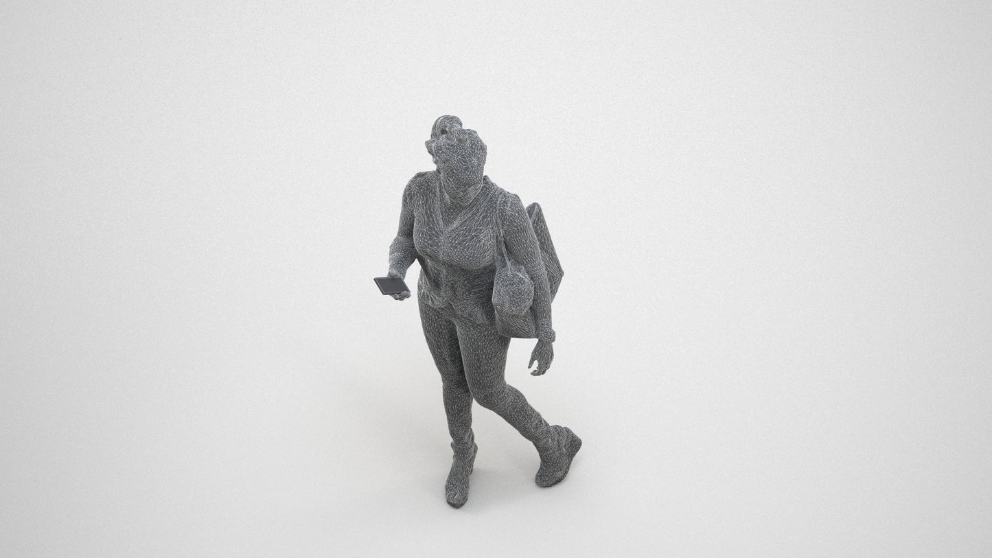 photogrammetry 3D woman casual walking, realistic human model archviz FBX, wireframe three-quarter view