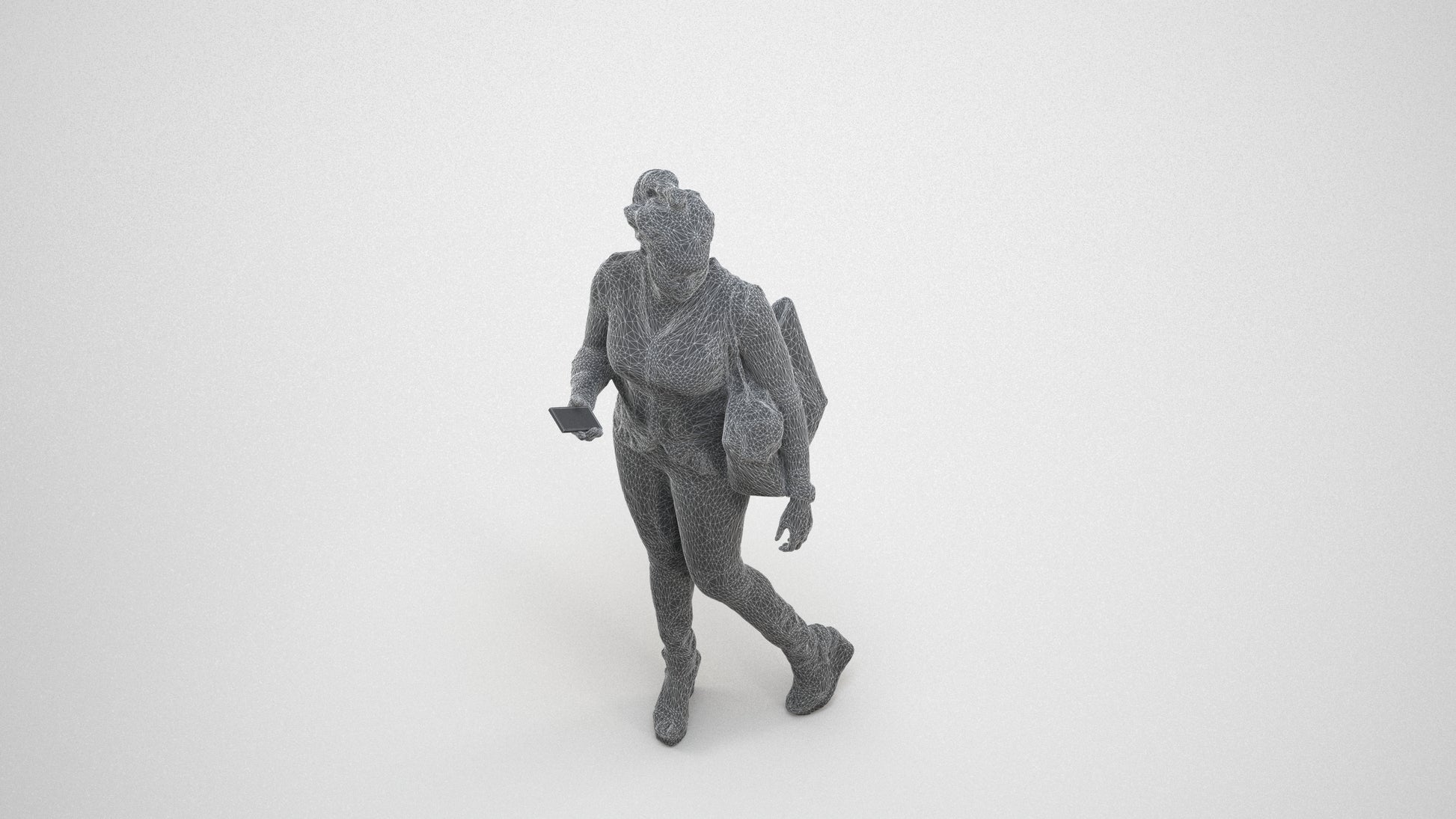 photogrammetry 3D woman casual walking, realistic human model archviz FBX, wireframe three-quarter view