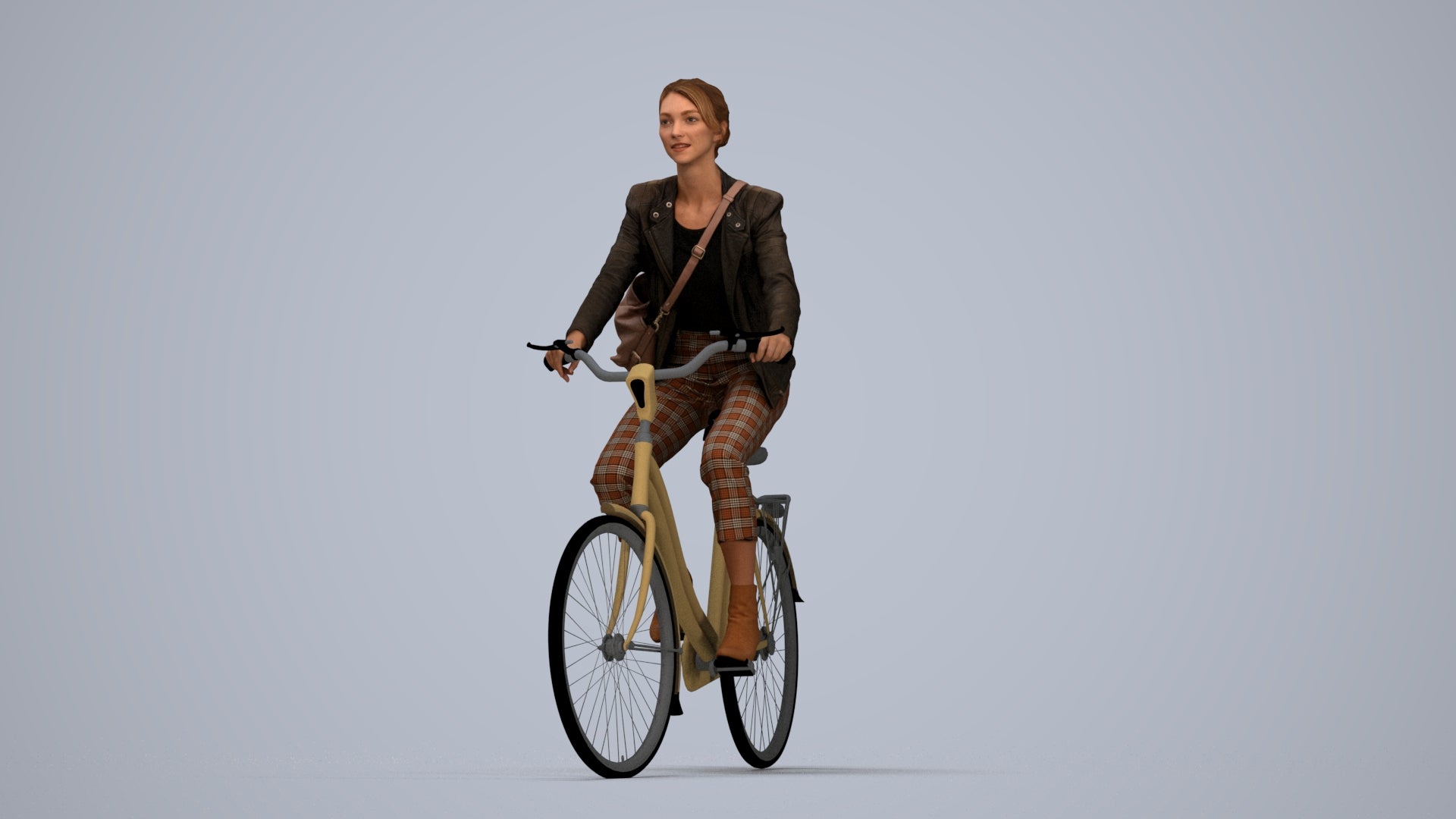 photogrammetry 3D woman business cycling, realistic human model archviz FBX, top-down view render