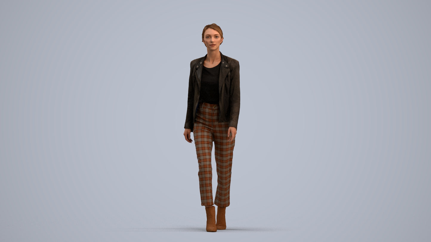 3D scanned woman walking business, photorealistic archviz people for Enscape and SketchUp, standing pose render