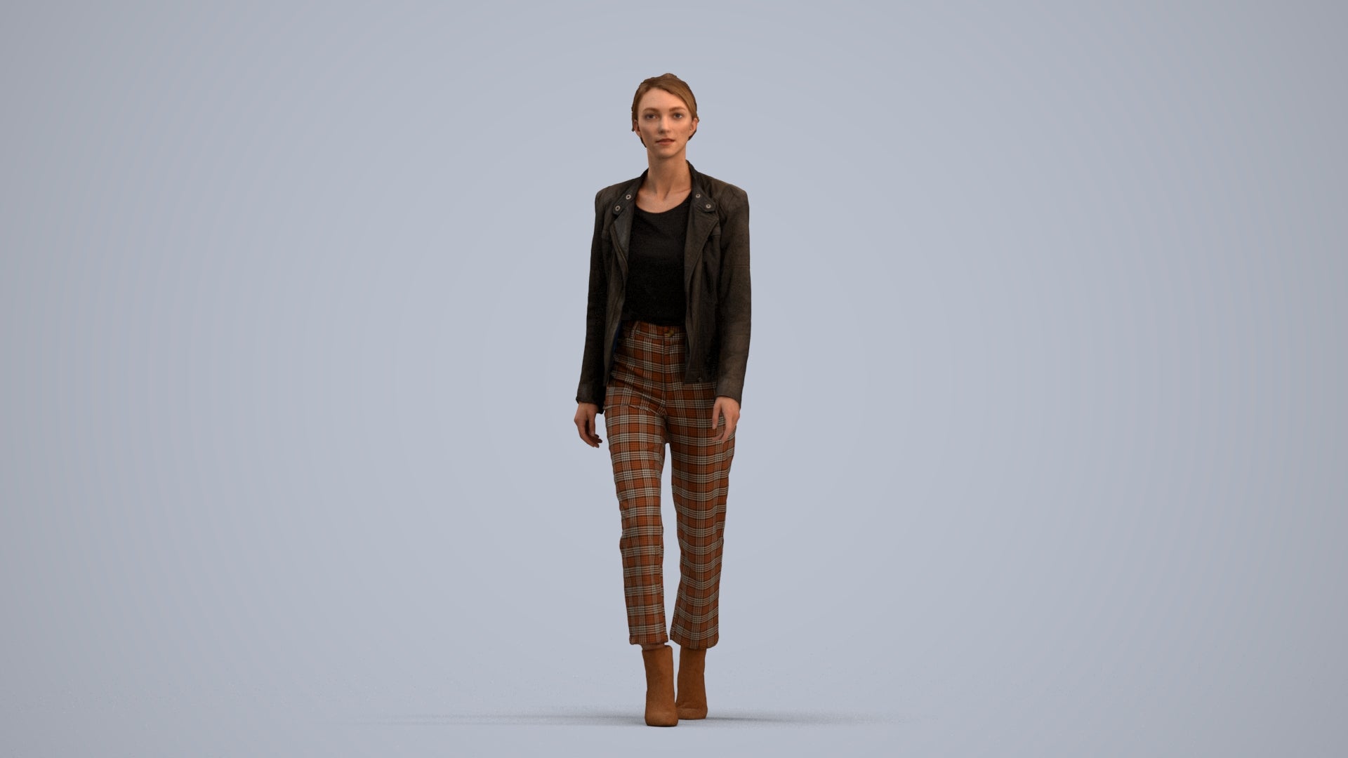 3D scanned woman walking business, photorealistic archviz people for Enscape and SketchUp, standing pose render