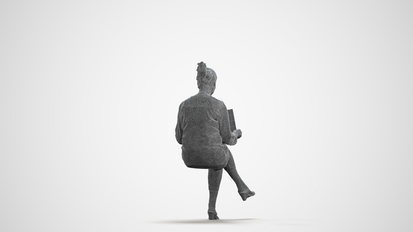 3D people model woman casual sitting, scanned human for 3ds Max rendering, wireframe front view