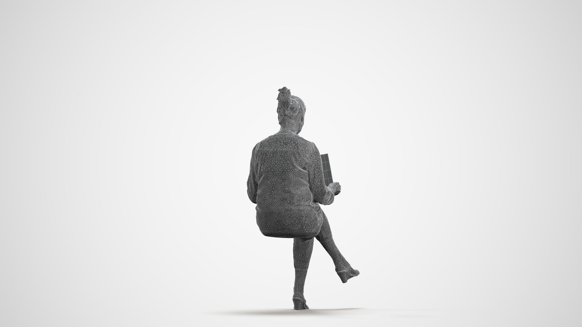 3D people model woman casual sitting, scanned human for 3ds Max rendering, wireframe front view