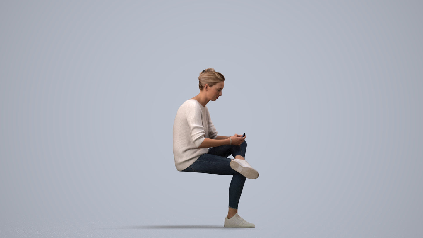 photogrammetry 3D woman casual sitting, realistic human model archviz FBX, side view render