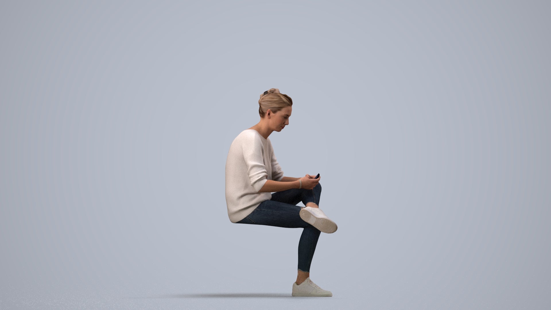 photogrammetry 3D woman casual sitting, realistic human model archviz FBX, side view render