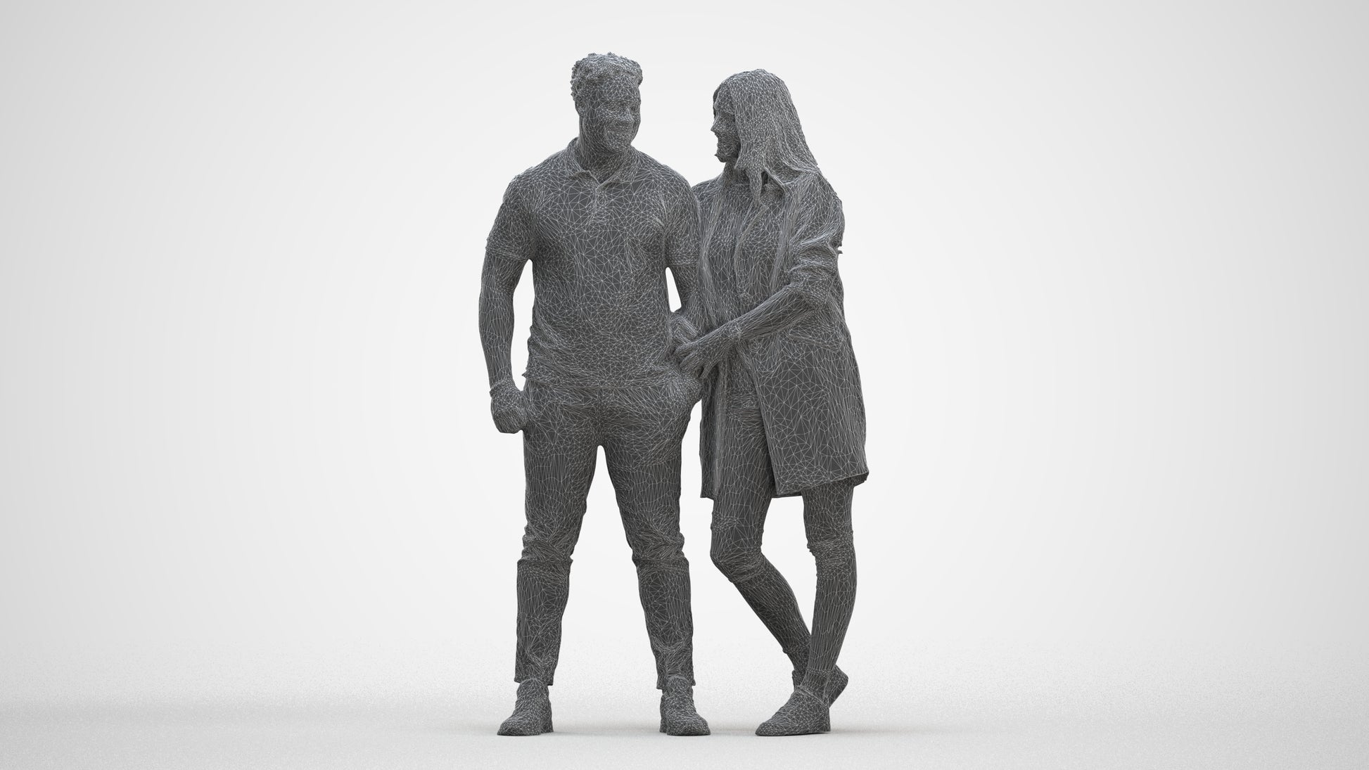realistic 3D human man casual couple, archviz people FBX OBJ for Blender, three-quarter front view render