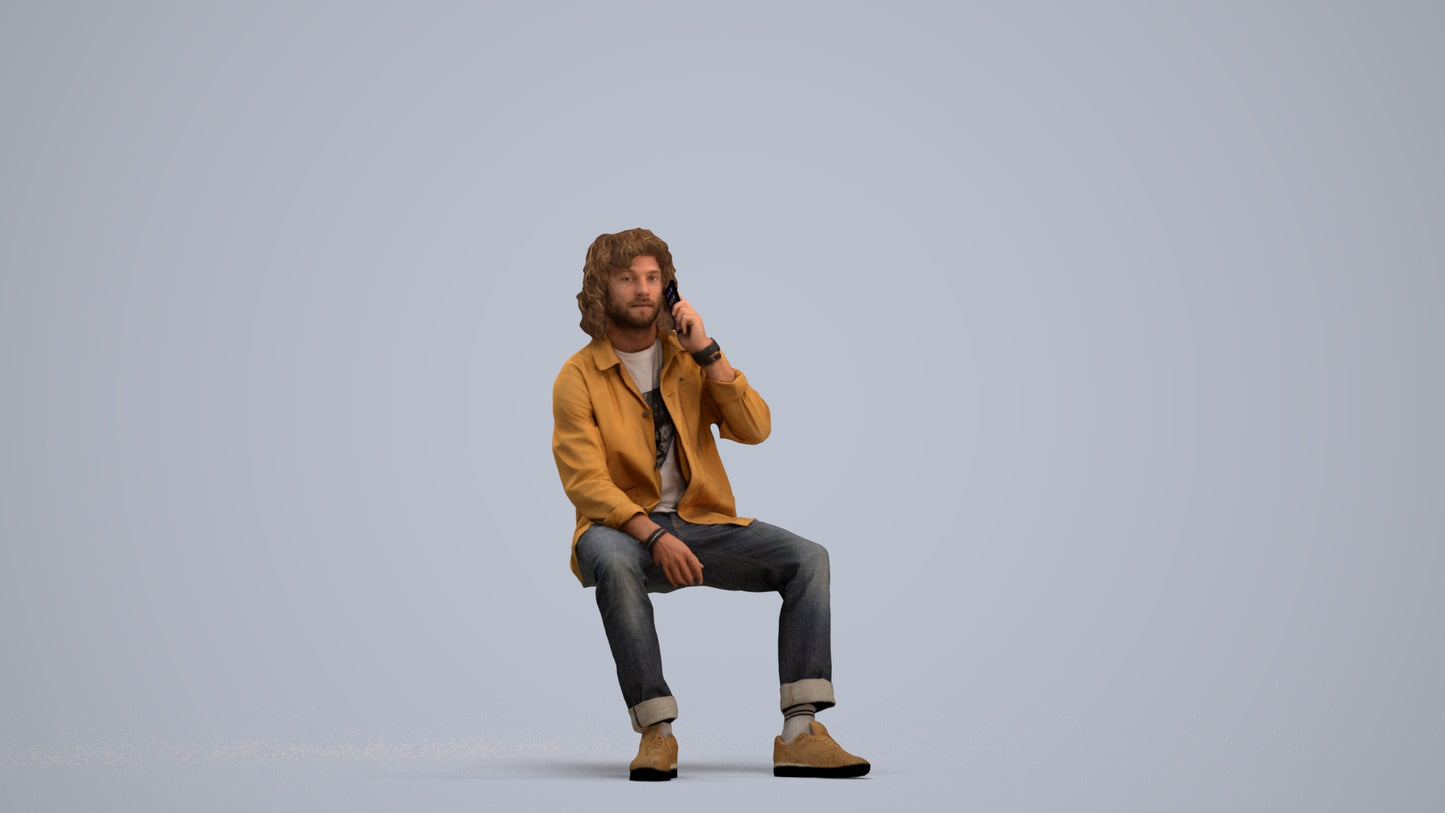 3D human model man casual sitting, photogrammetry scanned person for archviz, standing pose render