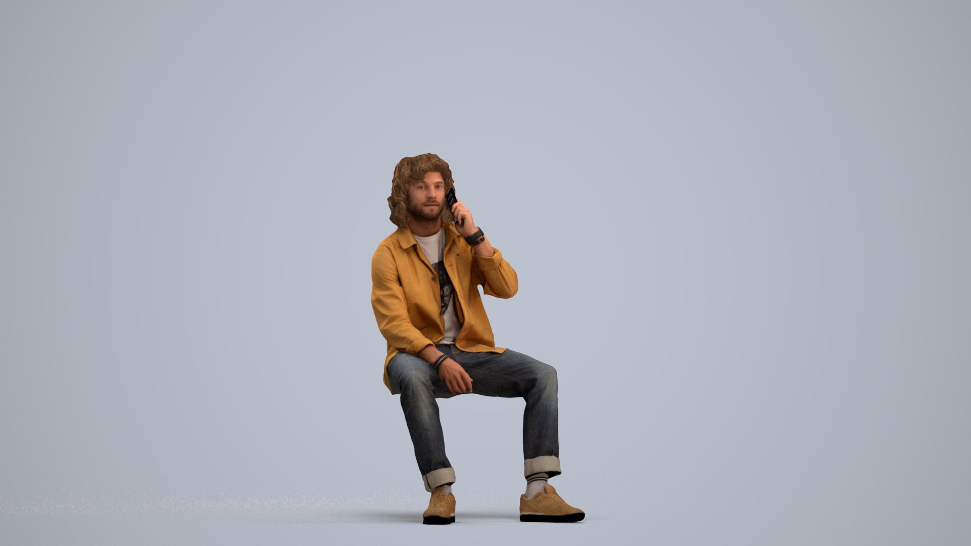 3D human model man casual sitting, photogrammetry scanned person for archviz, standing pose render