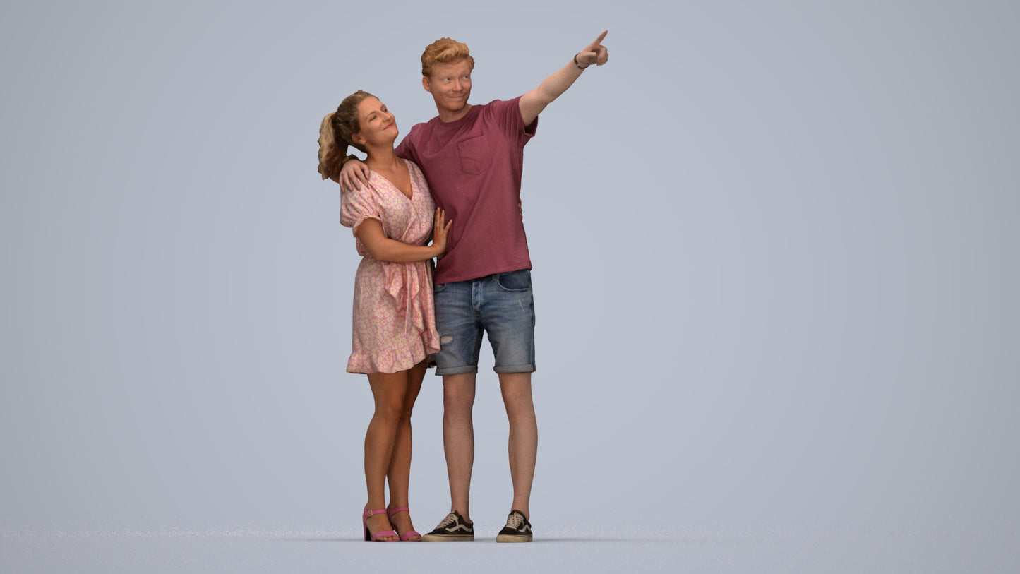 scanned 3D woman casual couple, photogrammetry people for Enscape and V-Ray, top-down view render