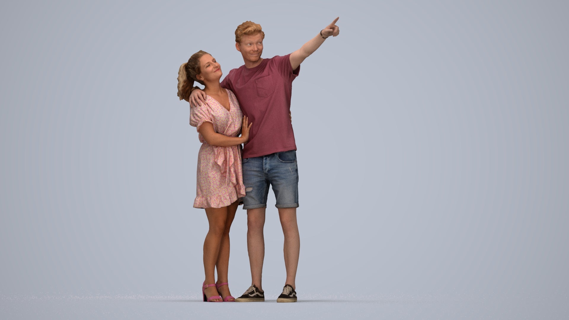 scanned 3D woman casual couple, photogrammetry people for Enscape and V-Ray, top-down view render