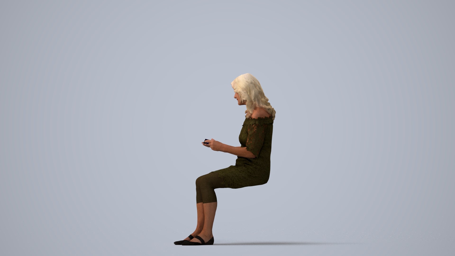 photogrammetry 3D senior woman casual sitting, realistic human model archviz FBX, three-quarter view render