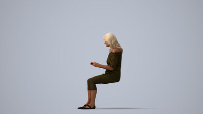 photogrammetry 3D senior woman casual sitting, realistic human model archviz FBX, three-quarter view render