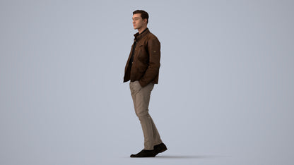 3D human model man casual walking, photogrammetry scanned person for archviz, three-quarter view render