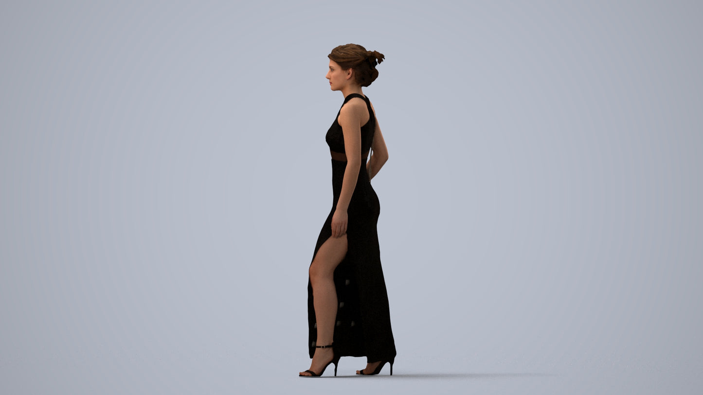 3D human model woman formal formalaffairs, photogrammetry scanned person for archviz, three-quarter view render