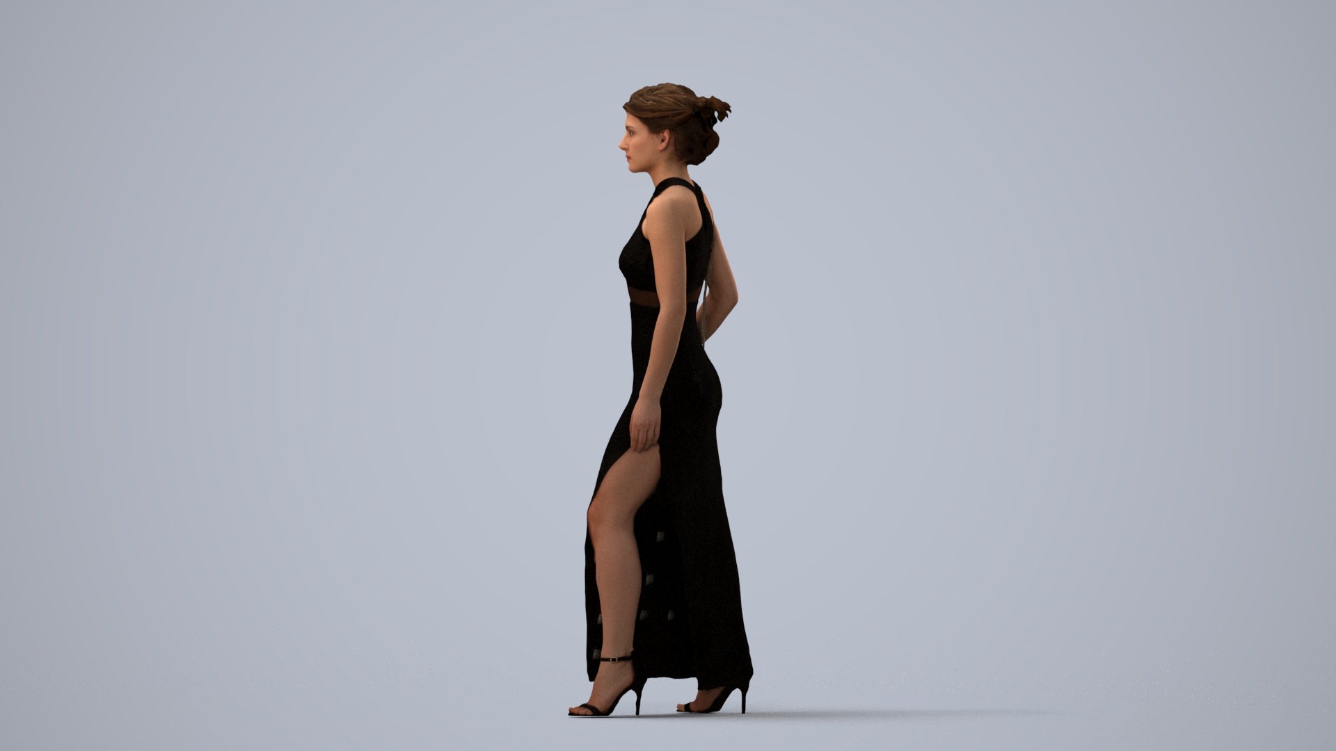 3D human model woman formal formalaffairs, photogrammetry scanned person for archviz, three-quarter view render