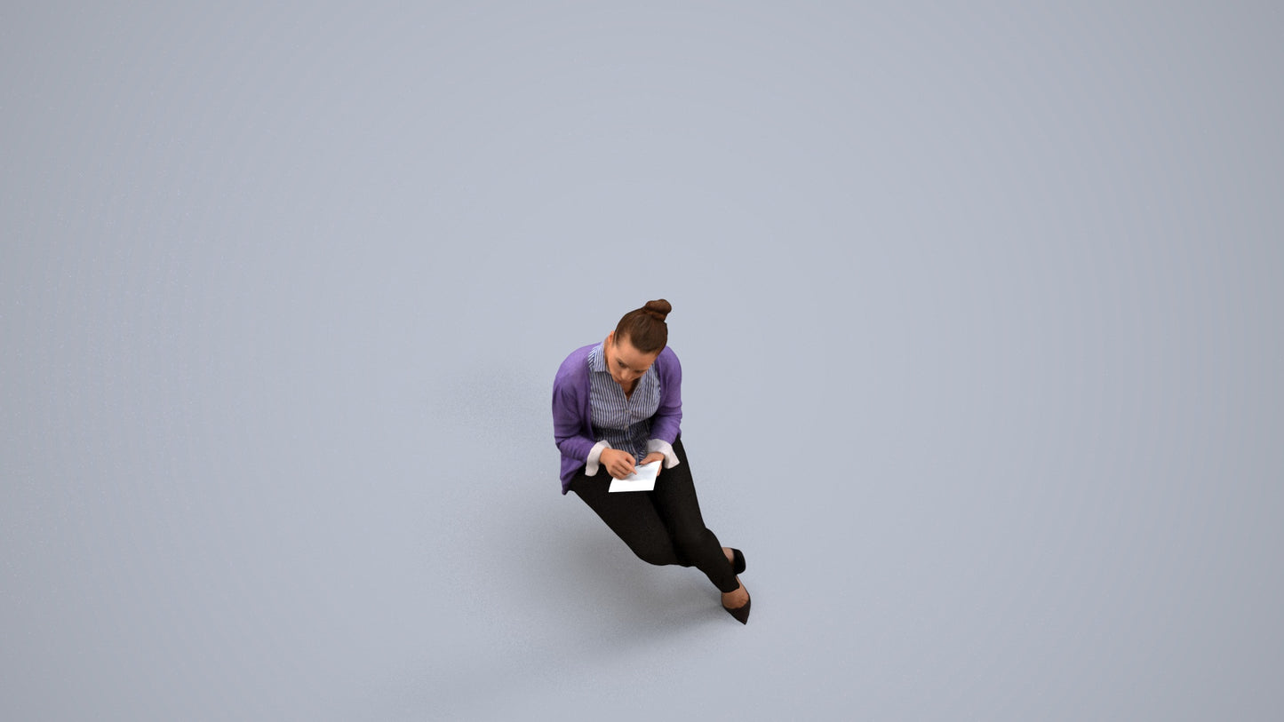 realistic 3D woman business sitting, scanned archviz people for Blender and 3ds Max, back view render
