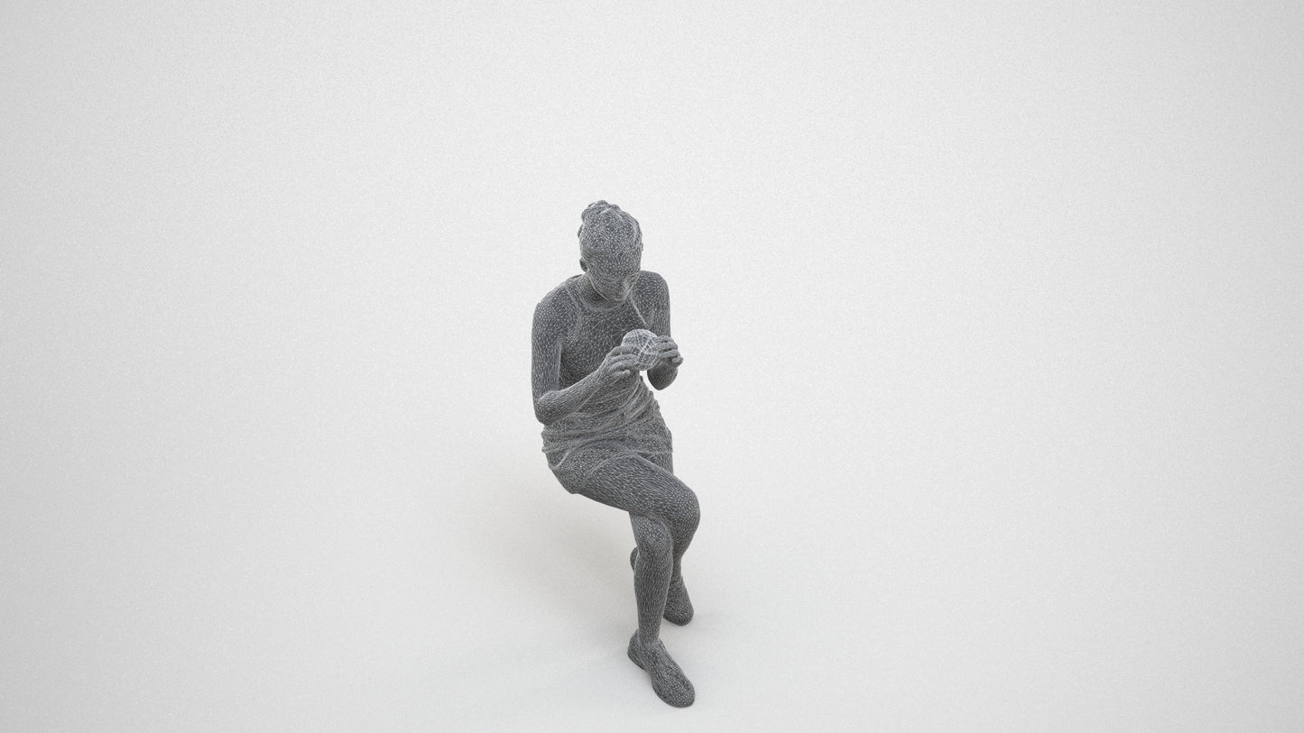 3D human model woman casual sitting, photogrammetry scanned person for archviz, wireframe three-quarter view