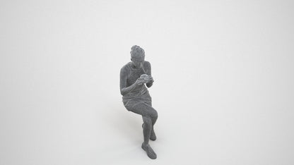 3D human model woman casual sitting, photogrammetry scanned person for archviz, wireframe three-quarter view